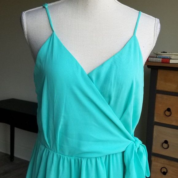 Buttons Aqua Faux Wrap Dress Ties at Hip in Size Large - Picture 2 of 8